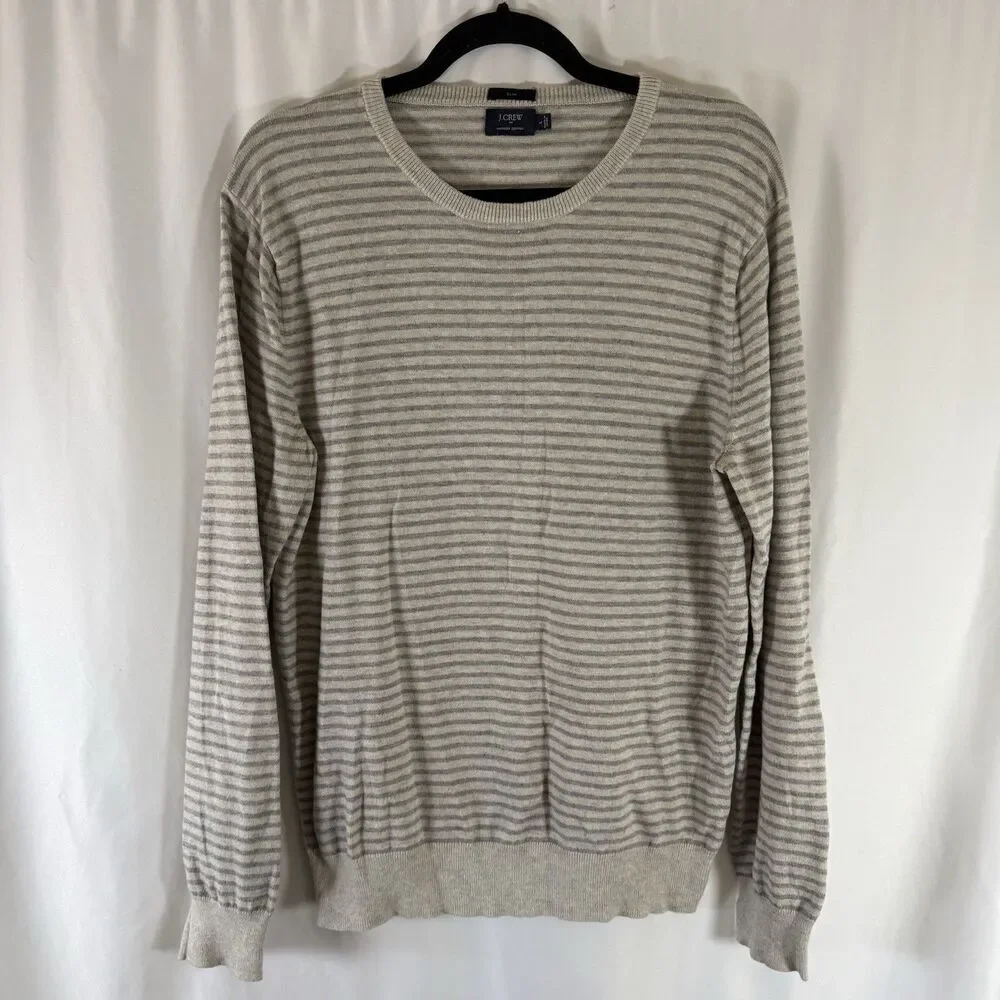 J Crew Harbor Cotton Sweater Men's Large Slim Fit Grey White Striped Crewneck